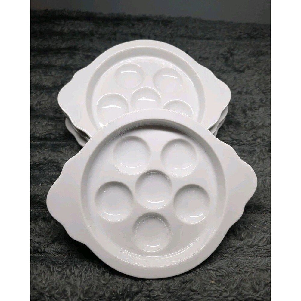 4 Ceramic Escargot Snail Plates 6 Well 7" by 5.5" White